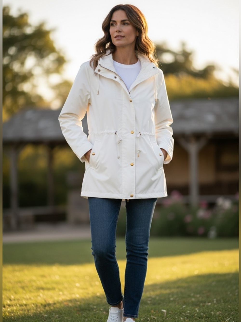 Cole Haan Cream Lightweight Utility Jacket with Gold Hardware